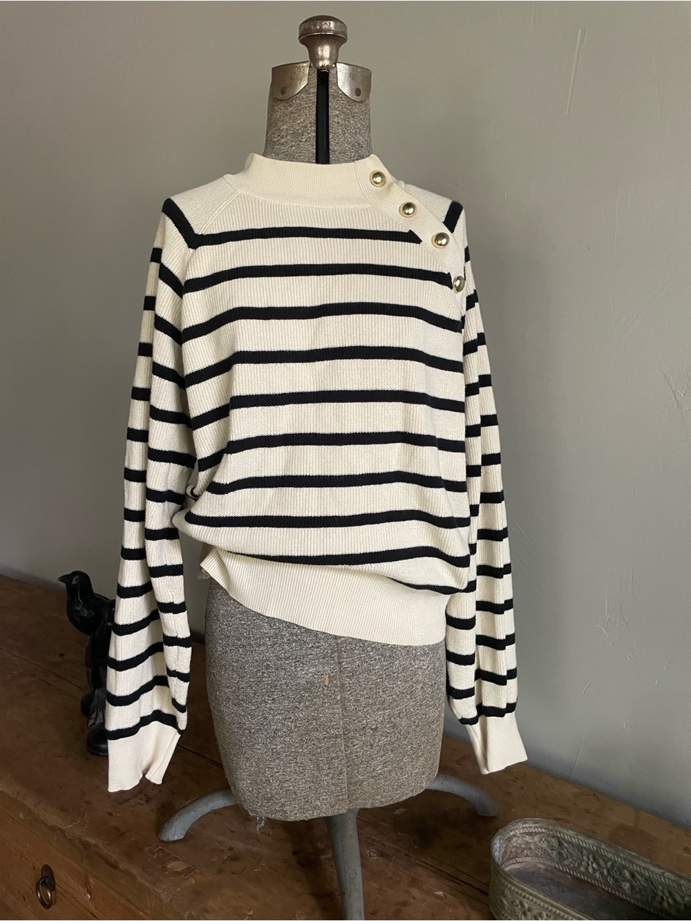 Who What Wear Black & White Striped Crewneck with Shoulder Buttons